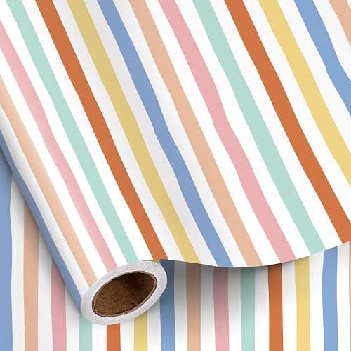 RUSPEPA Watercolor Striped Wrapping Paper Roll for Girls, Mini Roll, Colorful Brushstroke Stripe Design, Adorable Gift Wrap for Paper Birthday, Baby Shower, Wedding, Anniversary, 17 Inches x 16.4 Feet - Image 1