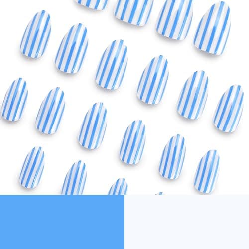 Short Almond Press on Nails Blue White Striped Line Fake Nails Decoration | Glossy Cute Acyrlic False Nails Nature Reusable Full Cover Stick on Nails for Women Manicure 24Pcs thumbnail 5