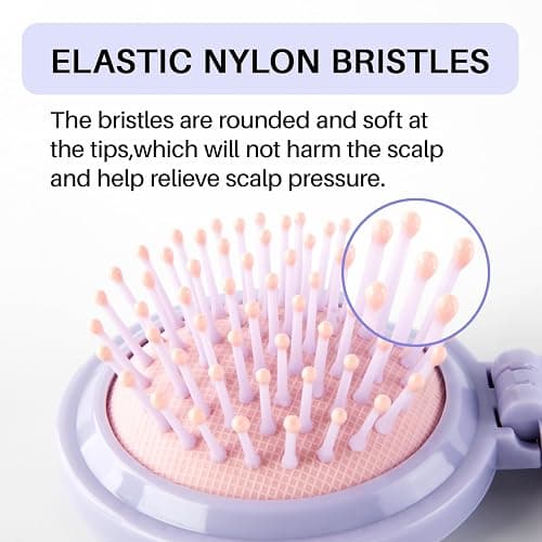 RHOS Hair Brush with Mirror for Women, Girls - Compact Folding Brush with Soft Nylon Bristles and Mirror - Portable Hair Brush for Travel (Purple) thumbnail 4