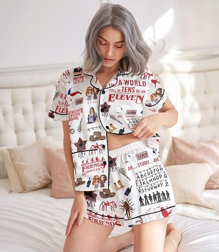 ELUNORUS Womens Soft Silky Satin Pajamas Set, Button Down Cooling 2 Pcs Sleep Short Pajamas for Mom thumbnail 5