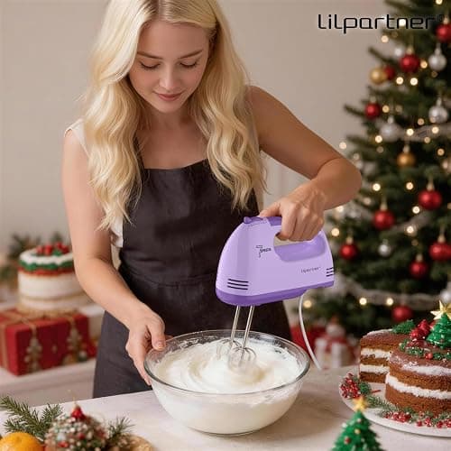 LILPARTNER Electric Hand Mixer with Storage Box, Ultra Power Kitchen Hand Mixer With 7-Speed & 5 Stainless Steel Accessories for Whipping Dough, Cream, Cake, Dishwasher Safe, PURPLE BOX thumbnail 2