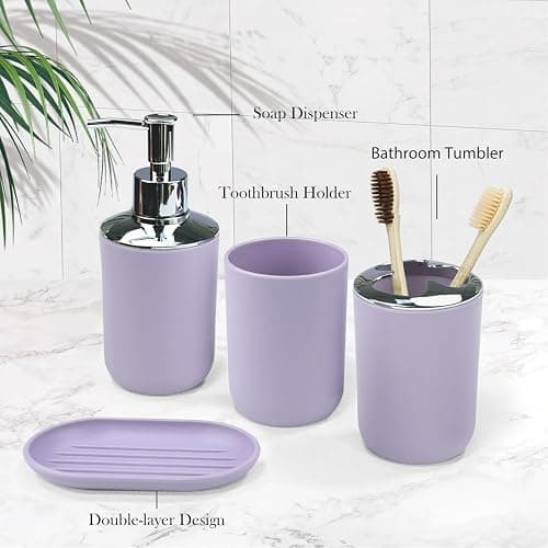 CERBIOR Bathroom Accessories Set 6 Piece Bath Ensemble Includes Soap Dispenser, Toothbrush Holder, Toothbrush Cup, Soap Dish for Decorative Countertop and Housewarming Gift (Purple) thumbnail 5