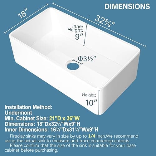 HOMLYLINK White Farmhouse Sink 33 x 18 Inch, Large Firecaly Apron Front Undermount Farm Sink Heavy Duty Single Bowl, with Custom Accessories 2 Types, Pure White, for Kitchen thumbnail 3