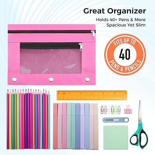 Pencil Pouch for 3 Ring Binder - 3 Hole Zipper Pen Case Bag Holder Bulk Accessories Clear Window Aesthetic Organizer Pockets (Hot Pink) thumbnail 3
