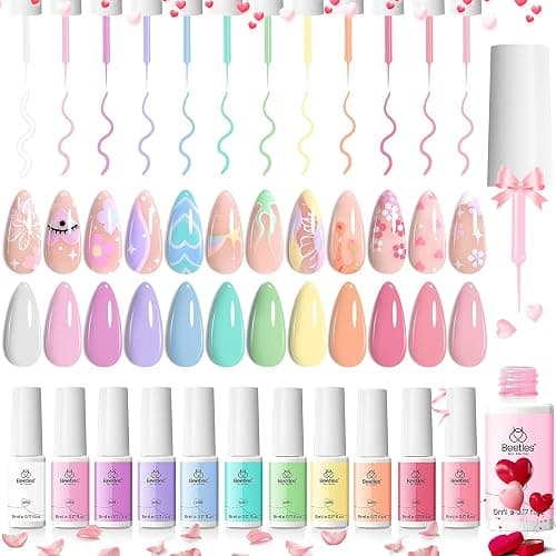 Beetles Pastel Gel Liner Nail Polish Set, 12 Colors Spring Sheer Pink Nude Blue Purple White Yellow Orange French Line Swirl Nail Art Gel Polish Soak Off Uv Lamp Manicure Gifts for Women - Image 1