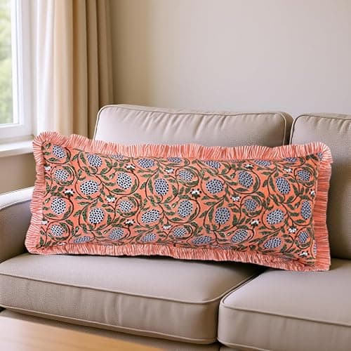 Ridhi Dark Salmon Pink 100% Cotton Block Print Ruffle Lumbar Sham Cover Handmade Boho Floral Pillowcase, Farmhouse Cottagecore Bedding, Soft Decorative Cushion Cover for Bedroom Décor 14 x 36 Inch - Image 1