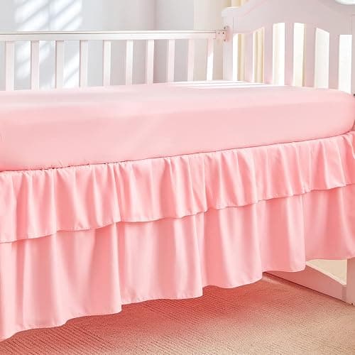 Mini Crib Bedding Set 3 Pieces Baby Boho Quilted Tufted Ruffles Comforter with Fitted Sheet and Ruffled Bed Skirt - Cute Shabby Baby Bedding Fits Mini Crib Only Pink thumbnail 6