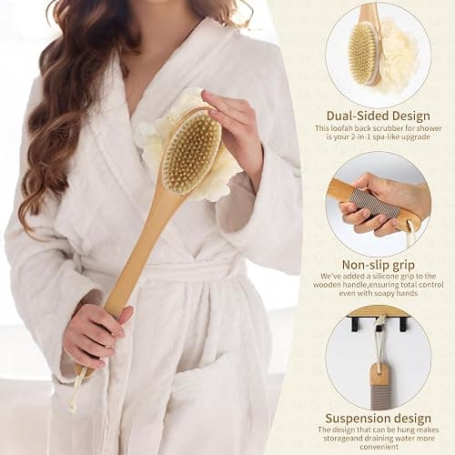 DEBETOOL Shower Loofah with Handle - Wooden Long Handle Shower Body Brush with Loofah for Exfoliating, Natural Loofah Back Scrubber for Women and Men thumbnail 4