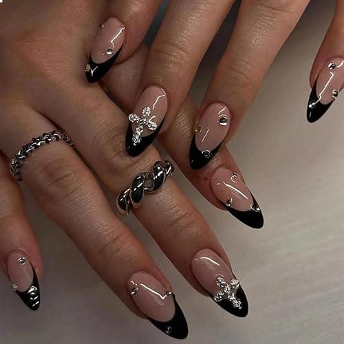 GlamRays 24 Stück Press On Nails Mandel 3D Legierung Kreuz Design Schwarz Französische Spitze Mittel Mit Design Passgenau Acryl Falscher Nagel Set - Image 1