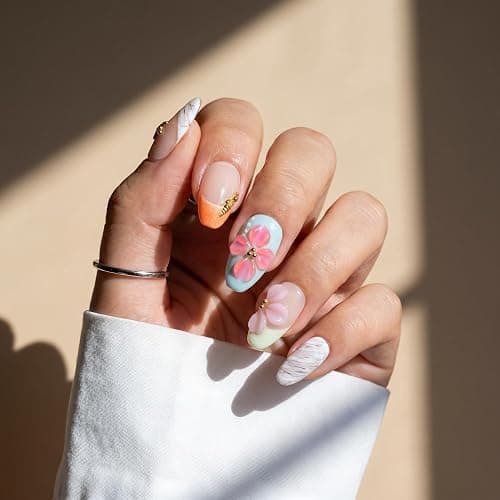 EasierGlow 10Pcs Handmade Short Almond Press On Nails | Easy Apply & Remove, Reusable & Salon Quality | Tropical Ocean Style with 3D Plumeria Flower, Starfish & Shell Accents(1TA15, S) thumbnail 2