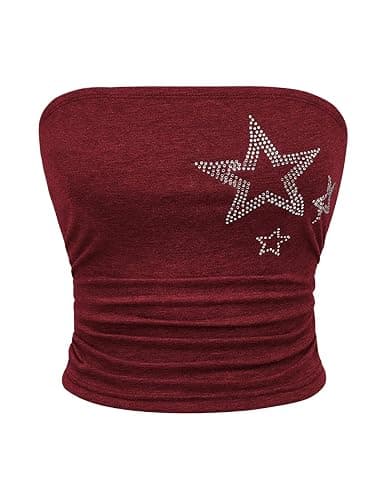 WDIRARA Women's Star Rhinestone Ruched Strapless Crop Tube Top Y2k Graphic Bandeau Tops - Image 1