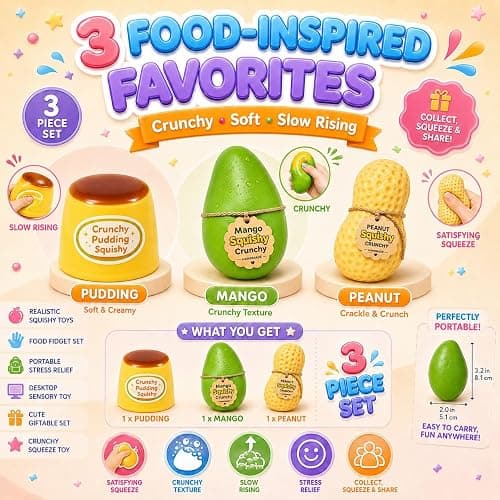3 Crunchy Squishy Pack,Squishy Fidget Toys Adults,Slow Rising Squishy Toys | Crunchy Peanut Squishy Stress Balls for Adults,Crunchy Peanut Squishy&Crunchy Mango Squishy&Pudding Squishy Kit thumbnail 6