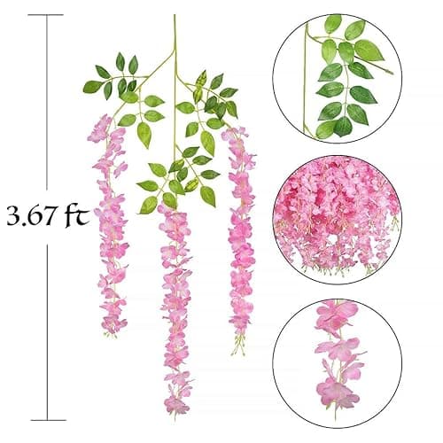 sheH 12pcs Artificial Fake Wisteria Vine Garland-GreenDec 3.6Ft/Piece Silk Wisteria Vine Ratta Hanging Flower for Home Garden Wedding Decor (Pink) thumbnail 4