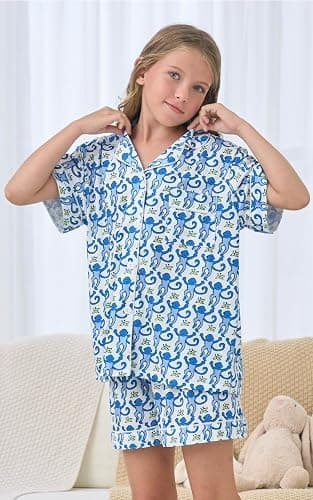 SLPTIMISO Girls Summer Outfit,Kids 2 Piece Button Down Monkey Loungewear Beach Shorts Set Preppy Animals Lounge Pjs thumbnail 2