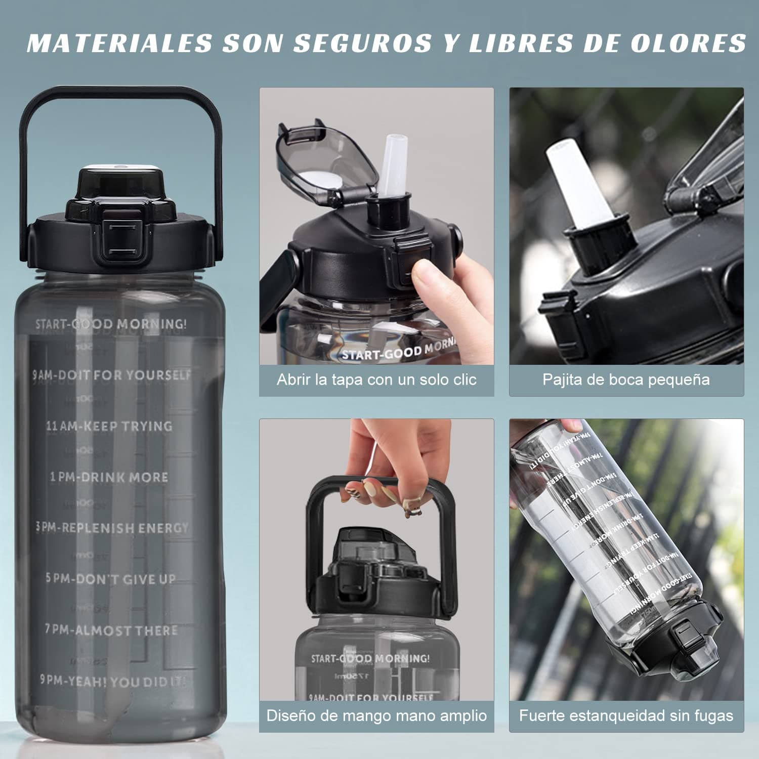 MOYAC Botella Agua con Funda Protectora, Botella de Agua 2 Litros con Pajita, Asa, Correa para el Hombro, Función de Apertura con un Botón, para Fitness, Viajes, Escuela, Oficina (Negro) thumbnail 6