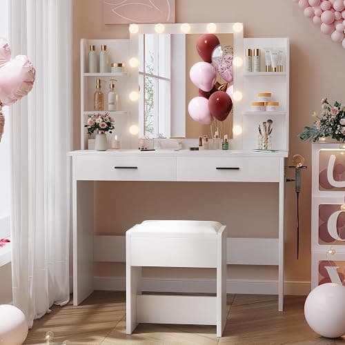 NBYSGO Farmhouse Vanity with Sliding Mirror and LED Lights, Makeup Table with 4 Drawers & Multi-Tier Storage Rack, Rustic Dressing Table Set for Bedroom (White 010) thumbnail 2