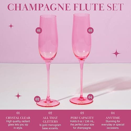 Paris Hilton Champagne Flute Set, Handmade Glass Collection in Paris Signature Pink, Perfect for Parties and Special Occasions, Serve Champagne, Prosecco, Mimosas and More, 8-Ounce, 2-Piece Set, Pink thumbnail 2