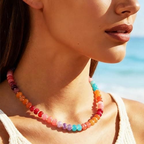 HAXIYA Colorful Beades Gemstone Necklace for Women Boho Beaded Choker Rainbow Colorful Natural Stone Summer Beach Jewelry for Women thumbnail 2