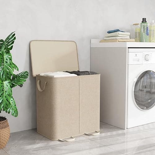 Lifewit Double Laundry Hamper with Lid and Removable Laundry Bags, Large Collapsible 2 Dividers Dirty Clothes Basket with Handles for Bedroom, Laundry Room, Closet, Bathroom, College, 136L Beige thumbnail 2
