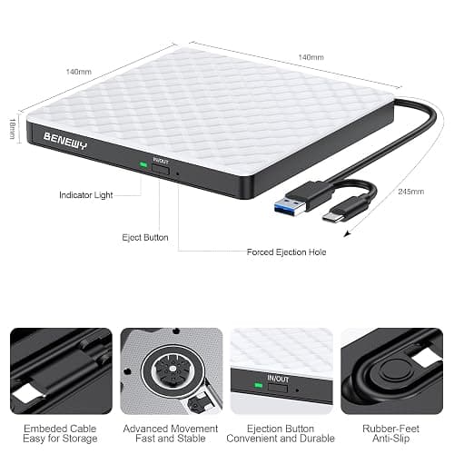 External CD DVD Drive for Laptop, USB 3.0 USB C CD Burner DVD/CD ROM Drive Reader External DVD Drive DVD Player for Laptop Desktop PC Windows 11/10/8.1/7 MacBook Mac Linux OS Apple White thumbnail 4