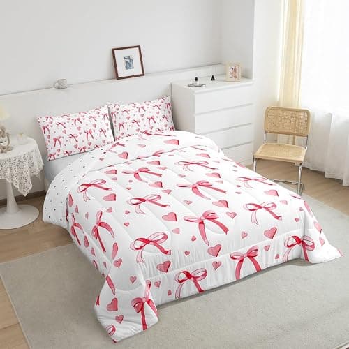 meiyoeat Cute Red Bow Comforter Set Twin Size Kids Bowknot Heart Bedding Set Gift for Girls Women Duvet Insert Breathable Quilt Bedroom Decor,1 Comforter with 1 Pillowcase thumbnail 4