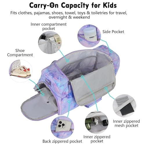 Vipdeal Purple Girls Duffle Bag for Travel, Kids Duffle Bag Large Weekender Overnight Bags with Kids Toiletry Bag Set Shoe Compartment Carry on, Tie Dye thumbnail 3