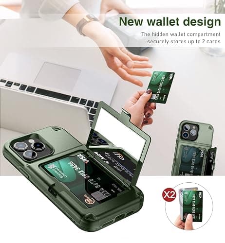 WeLoveCase for iPhone 14 Pro Max Case for Women, Men Defender Credit Card Holder Cover with Hidden Mirror, Three Layer Shockproof Heavy Duty Protection Case for iPhone 14 Pro Max 6.7'' Green thumbnail 5