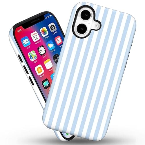 flewfun Magnetic for iPhone 16 Plus Case Cute Stripes Phone Case, Shockproof Slim TPU and Hard PC Protective Phone Cover Compatible with MagSafe Designed for Women Girls, Blue and White thumbnail 2