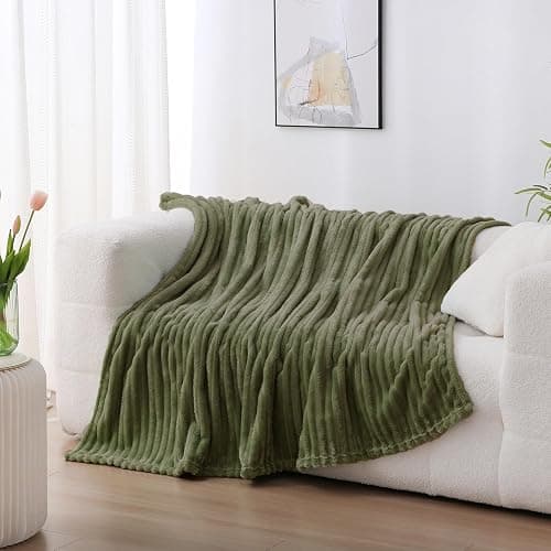 Linecooo Olive Green Fleece Throw Blanket 50”×60” for Couch Sofa Bed,Super Soft Cozy Plush Microfiber Flannel Blanket with Stripes Design Lightweight for Adults,Woman,Girls thumbnail 2