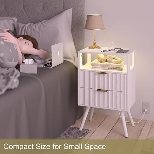 JOONEE White Nightstand with Charging Station and LED Lights,Modern Bedside Table with 2 Storage Drawer and Open Wood Shelf, for Bedroom and Small Spaces,Night Stand with Solid Wood Legs,White thumbnail 4