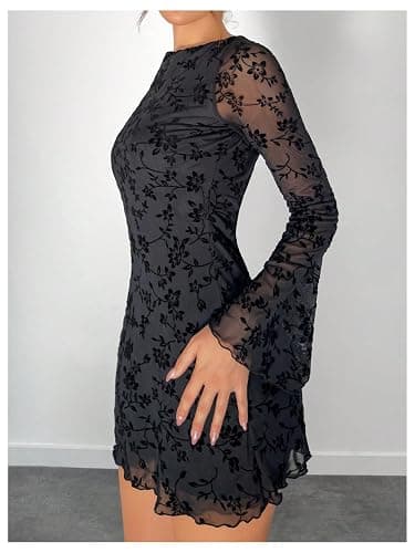 SOLY HUX Women's Floral Mesh Mini Dress Bell Long Sleeve Bodycon Gothic | Fall Dress，Sexy，Lace， Going Out，Party，Lace，Night Out，Going Out，Witchy Dress，Flare Sleeve thumbnail 4
