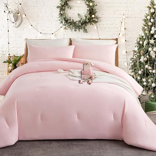 MorroMorn Pink Comforter Set Twin, 4 PCS Bed in a Bag for All Season, Pink Bed Set Cloud Comforters, Fitted Sheets, Pillowcases, Soft for Girls Kids Teen Preppy Dorm (Twin/Twin XL) - Image 1