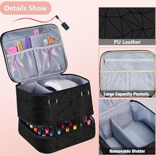 FCQQYWZ Nail Polish Organizer Case - Holds 42+ Bottles (15ml/0.5 fl.oz) and 1 Nail Lamp, Upgraded Double-layer Nail Polish Carrying Case Nail Storage Bag with Handles (Black) thumbnail 2