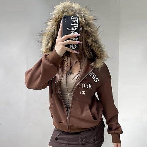 HOHOPEACH Y2k Zip Up Hoodie Fur Jackets Winter Coats Teen Emo Grunge 2000s Clothes Vintage Streetwear Women thumbnail 6