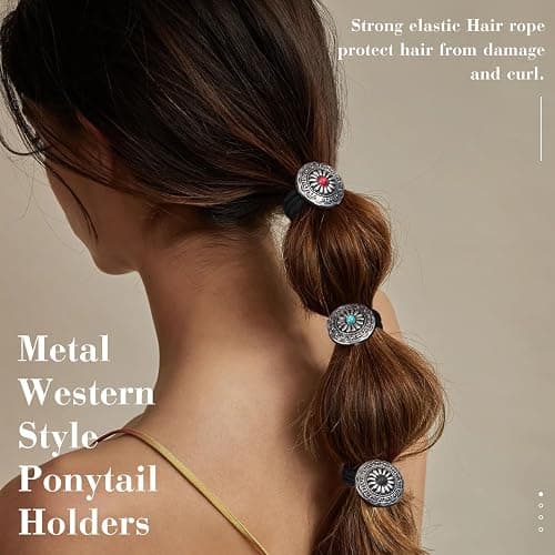 3PCS Metal Western Style Ponytail Holders, Retro Hair Ties for Women, Vintage Squash Blossom Hair Ropes Boho Hair Decoration for Women Girls(Circular) - Circular thumbnail 4