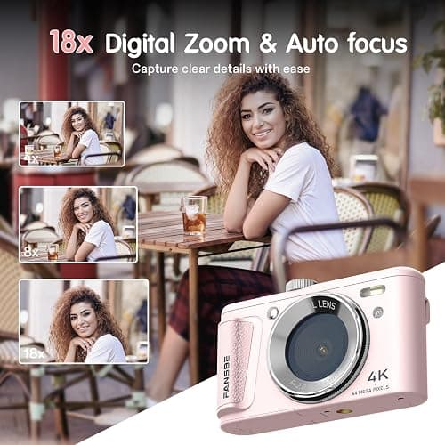 Fansbe Smart Digital Camera, 4K Vlogging Camera with 64MP, Point and Shoot Digital Cameras with 18X Zoom, Anti-Shake, Mode Dial, 32GB SD Card, Card Reader, Charger, Compact Small Cameras, Pink thumbnail 4