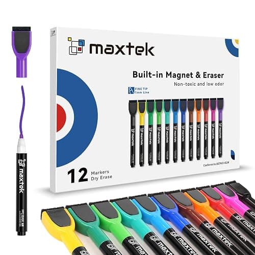 maxtek Magnetic Whiteboard Markers - 12 Count Colorful Fine Tip Dry Erase Markers with Eraser for Kids, Low Odor Thin Markers for Calendar Boards - Image 1