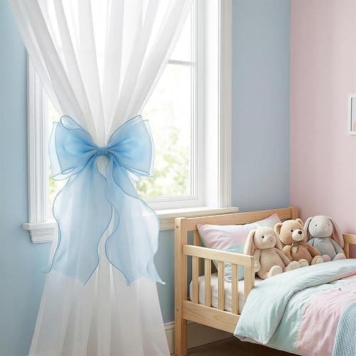GAJILON 2 Pack French Lace Bow Curtain Tiebacks, Light Blue | Silky Ribbon Curtain Ties and No-Drill Holdbacks for Sheer Drapes, Bedrooms, Nurseries, Canopies and Wedding Decor thumbnail 5