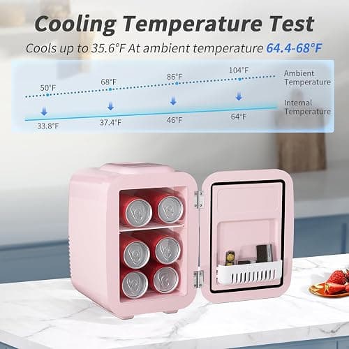 YASHE Mini Fridge for Bedroom, 4 Liter/6 Cans Small Fridge, 110V AC/ 12V DC Thermoelectric Cooler and Warmer Mini Fridge for Drink Office Dorm Car, Pink thumbnail 4