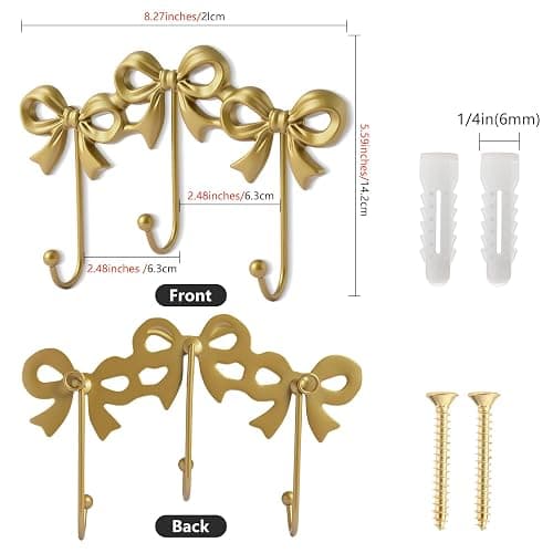 XHIPY Gold Bow Hooks Coat Rack, Wall Mount Coat Hook, Bow Room Wall Decorations, Wall Hook for Hanging Coat, Hat, Jacket thumbnail 3