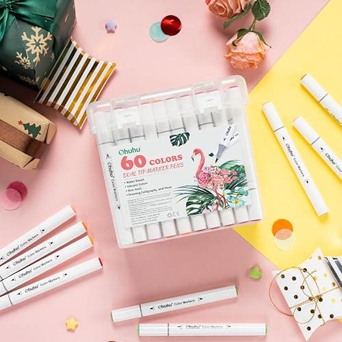 Ohuhu Markers for Adult Coloring Books No Bleeding 60 Colors Water-based Dual Tips Coloring Markers for Kids Adults Beginners Drawing Pens for Journaling Lettering (Brush & Chisel) thumbnail 2