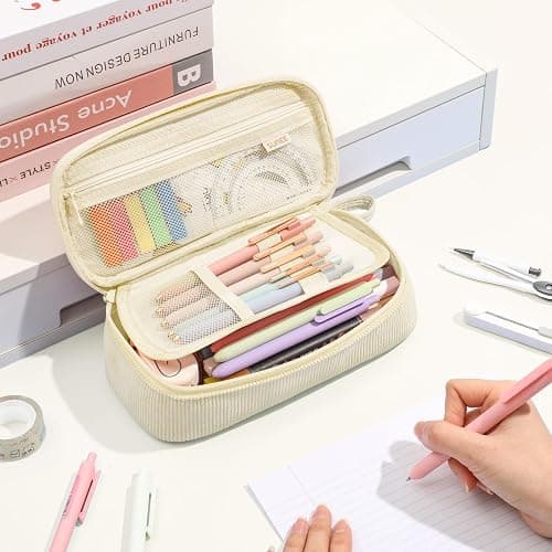 SUNEE Cute Pencil Case, Large Capacity Pencil Pouch Aesthetic Zipper Pencil Bag, Big Storage Pen Organizer for Stationery, Soft Corduroy Pencil Box Back to School Supplies for Teen Girls Boys, Beige thumbnail 2