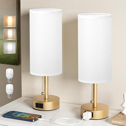 Fenmzee Gold Bedside Table Lamps Set of 2-3 Color Temperatures Pull Chain Lamp with AC Outlet Charging Port, Two Round Night Stand Lamps for Bedroom Office Living Room - Image 1