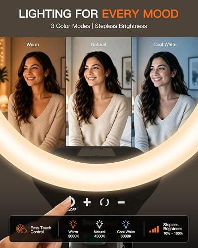 Sensyne Ring Light with Stand, 50" Phone Tripod for iPhone & Android, LED Ring Light with Remote, 3 Color Modes & 10 Brightness Levels for TikTok, Zoom & Video Recording thumbnail 3
