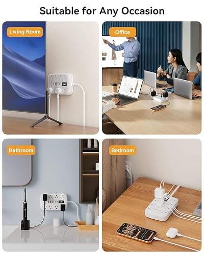 Flat Plug Power Strip with USB Ports - Flat Extension Cord 3FT with 8 AC Outlets 6 USB(3 USB C), Short Extension Cord Surge Protector Multi Plug Wall Plug for Travel, Home, Dorm Room Essentials, White thumbnail 8