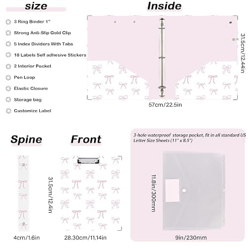 Etzul 3 Ring Binder 1 inch with Clipboard - White & Pink Bow Design, Includes Dividers, File Bag & Spine Label - Classic and Elegant for School or Work, Holographic Waterproof Film thumbnail 5
