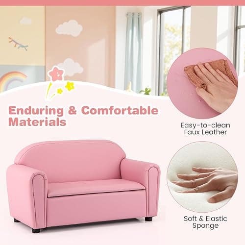 Costzon Kids Couch, 2 in 1 Double Seat Children's Sofa w/Under Seat Storage, PU Leather Surface, Toddler Armrest Chair, Kids Room, Soft Children Pink Sofa with Storage for Preschool Baby Girls Gifts thumbnail 7