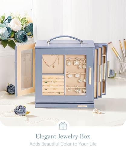 Homde Christmas Gifts Jewelry Box 360° Rotating, Necklace Earring Organizer with Transparent Window, Mirror, 7 Drawers, Large Ring Display Storage Case for Girls Women (Grey Blue) thumbnail 8
