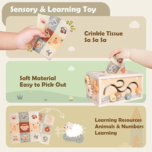 DINORUN Baby Tissue Box Toy - Baby Toys 18 Months 2 3 4 Years Montessori Toys for Babies 18 Months with Crinkle, Infant Activity Cube Sensory Christmas Stocking Stuffers Learning Toy for 2 3 4 Years thumbnail 5