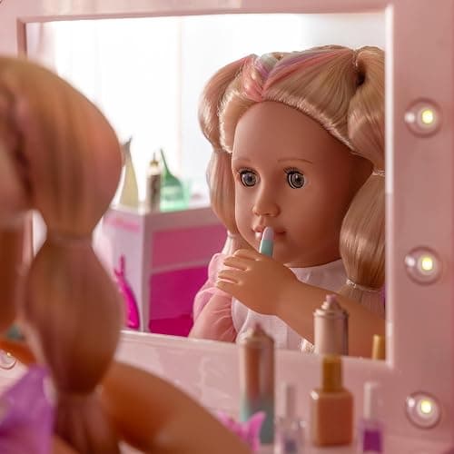 Our Generation – 18-Inch Doll Accessories – Pink Vanity Table Playset – Light – up Mirror – Pretend Make – up & Styling Items – 3+ Years– Glam & Glow Vanity Set thumbnail 4